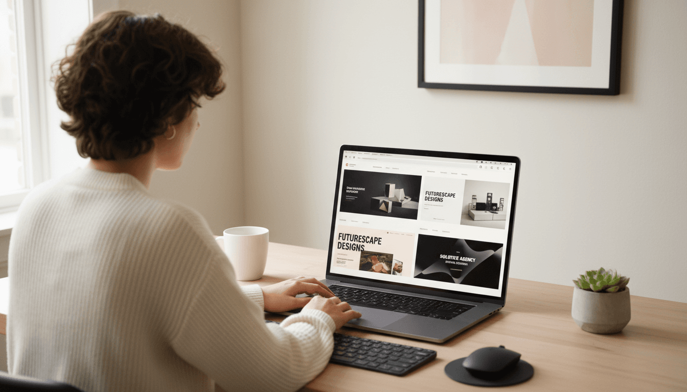 Web designer working on a clean modern website layout on a laptop in a bright studio