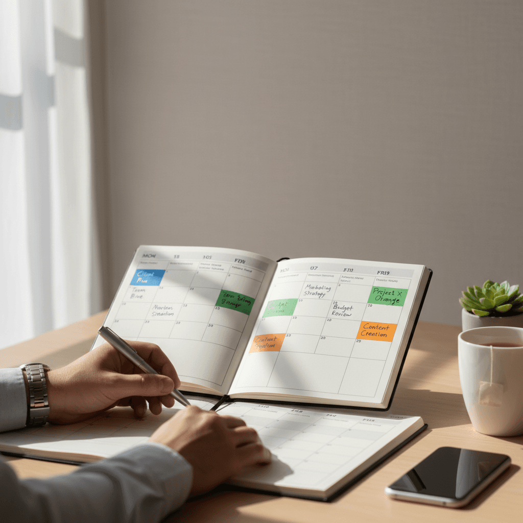 Calendar and laptop on desk with coffee cup showing organized work schedule