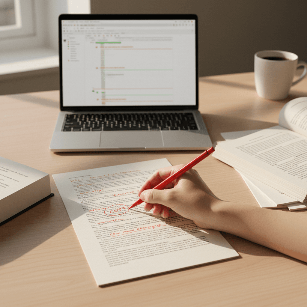 Writer's desk with notebook and pen editing text beside laptop showing proofreading symbols