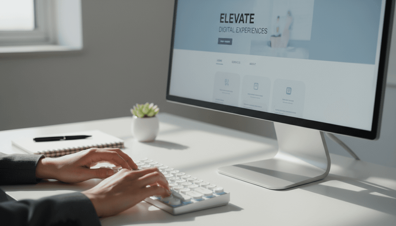 A web designer working on a modern, clean website layout on a laptop
