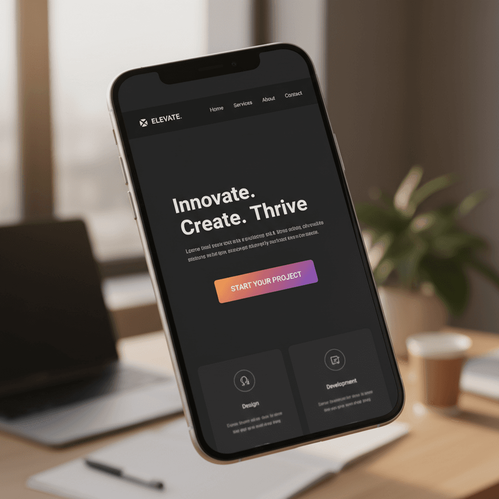 Person holding smartphone with modern website design displayed in clean minimal setting