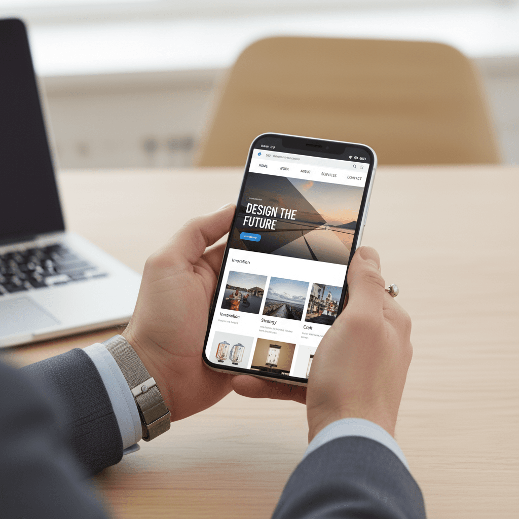 Person holding smartphone showing modern responsive website design clean interface