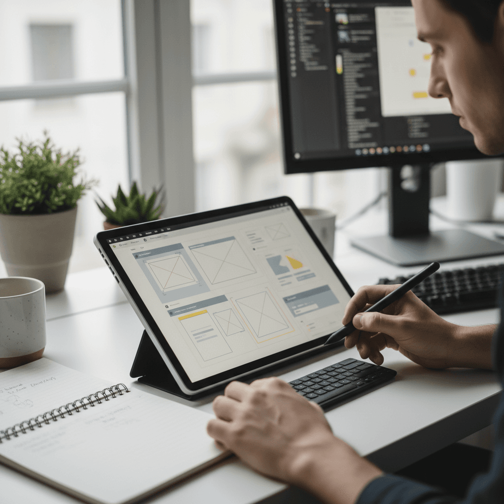 Professional web designer sketching wireframe on whiteboard in bright modern studio