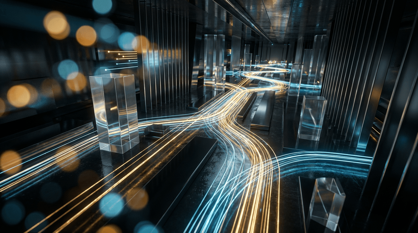 Luminous data streams flow through dark space with bokeh light orbs, suggesting high-speed digital connectivity.
