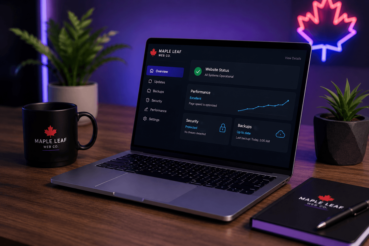 Laptop displaying a website management dashboard on a desk with branded mug and notebook.