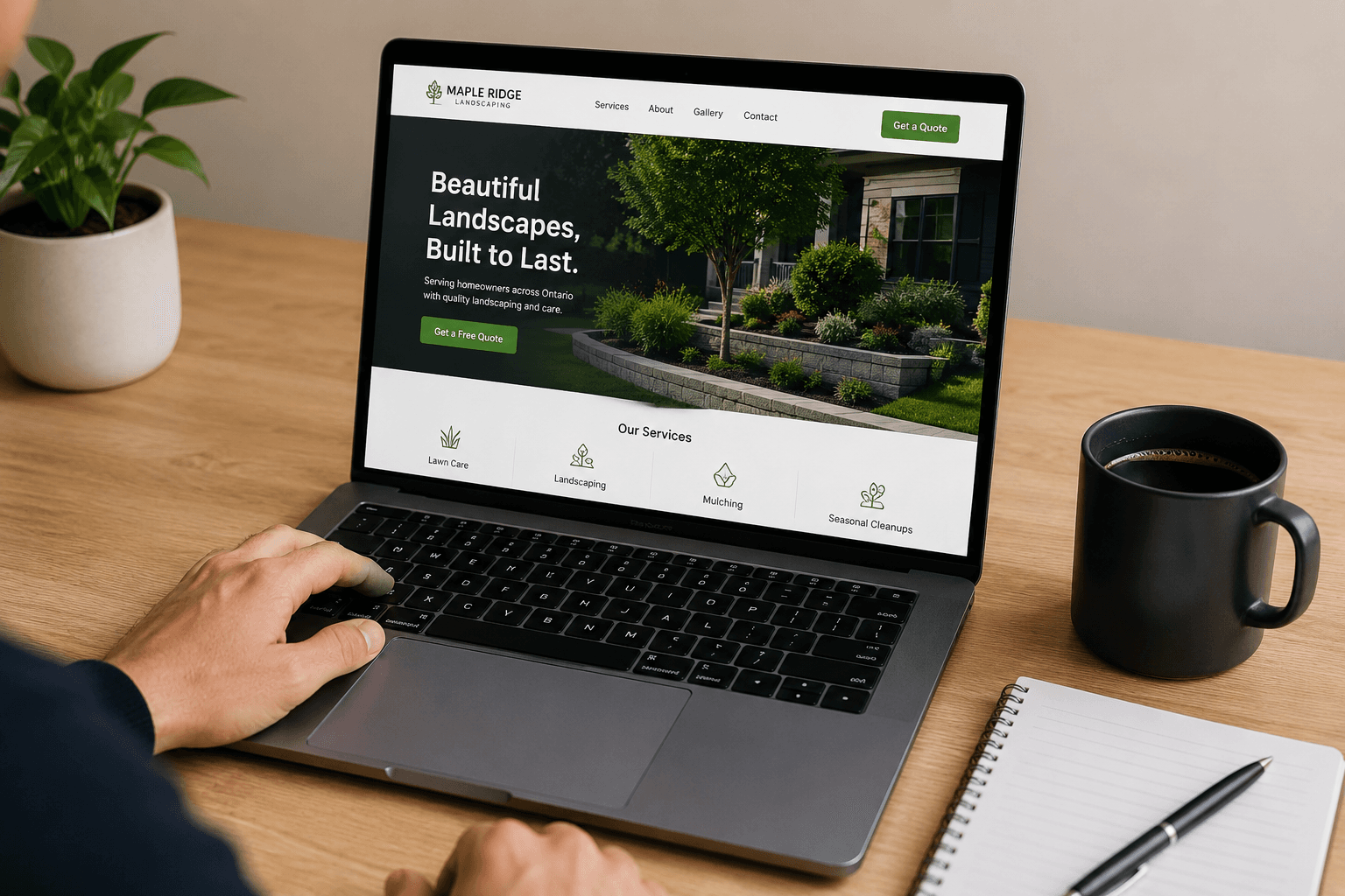 Person browsing a landscaping website on a laptop at a desk with coffee and notebook.