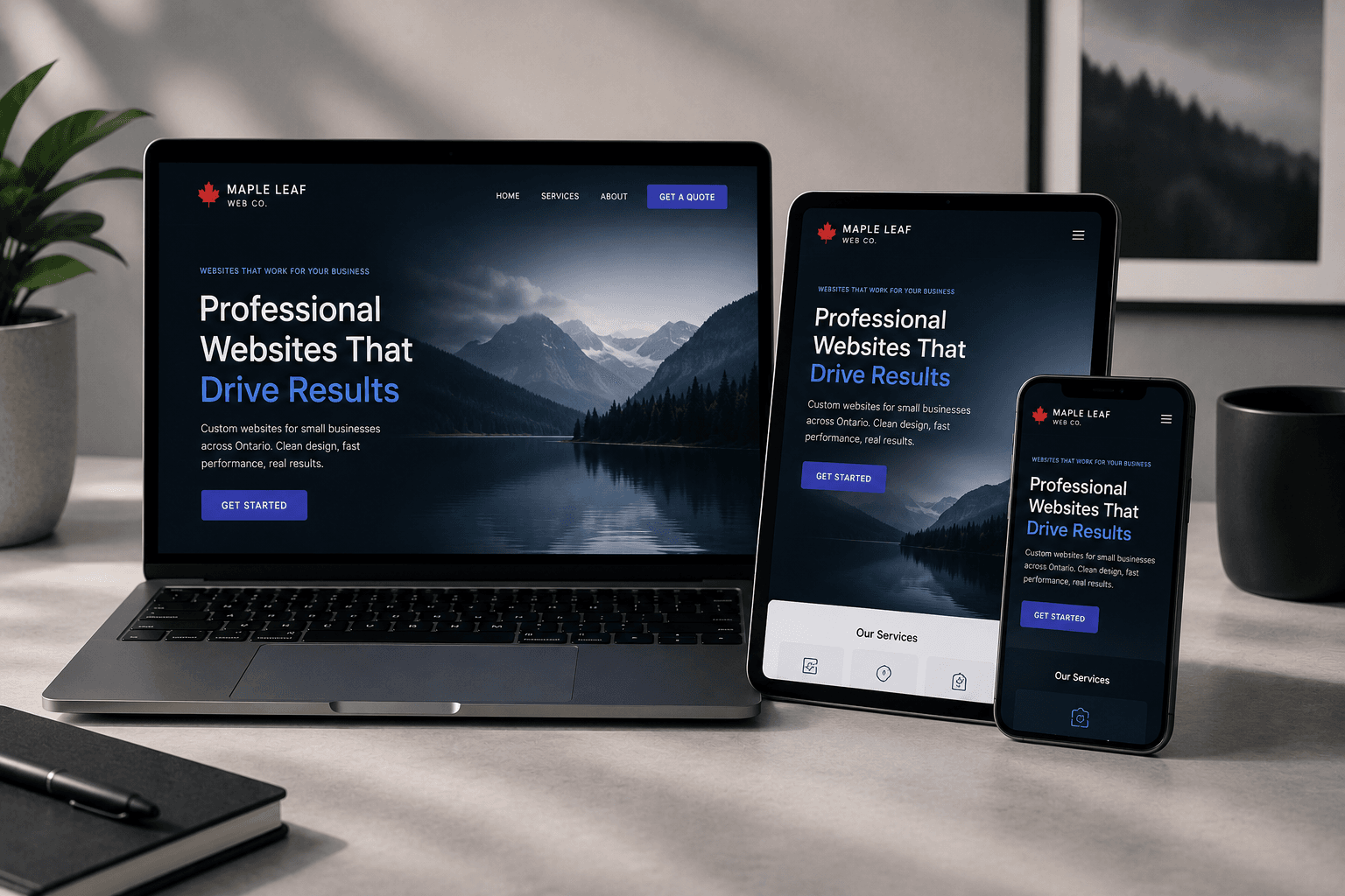 Laptop, tablet, and smartphone displaying a responsive website design for Maple Leaf Web Co.